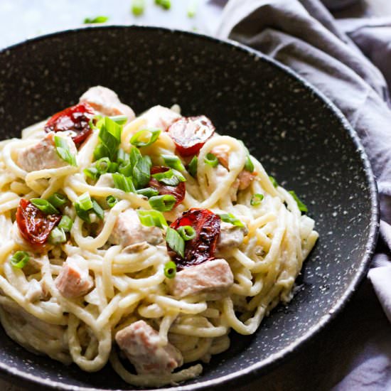 Creamy Goat Cheese Salmon Pasta