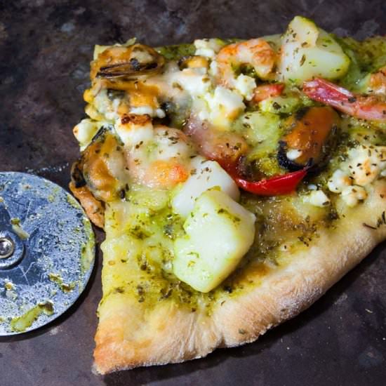 Seafood Pizza with Basil Sauce