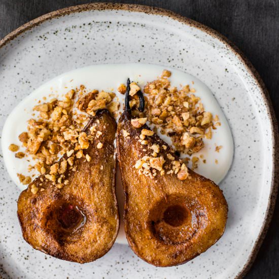 Cardamom Pears, Yoghurt + Walnut