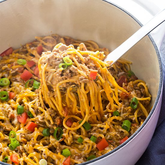 One Pot Creamy Taco Spaghetti