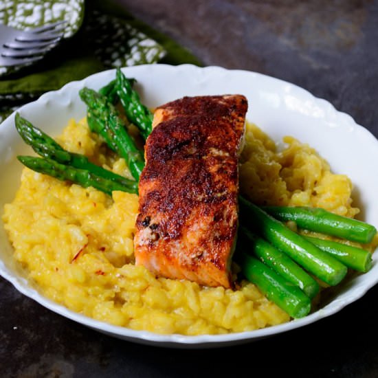 Salmon over Ackee Saffron Risotto