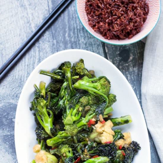 Red Rice with Braised Garlic Chili Broccolini