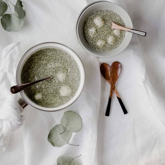 Warm Matcha Chia Pudding with Mochi