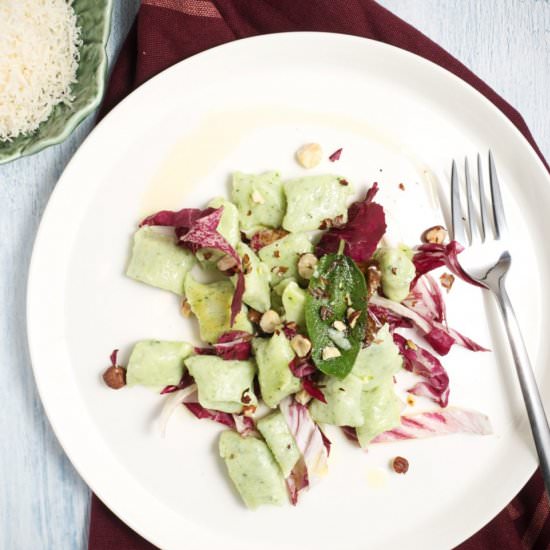 homemade herb gnudi with radicchio