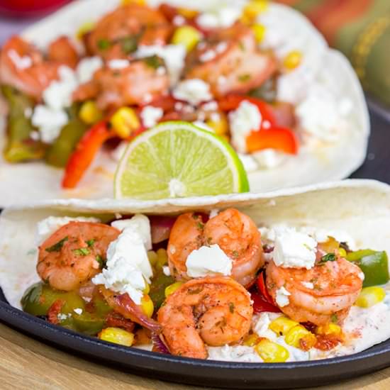 Shrimp Fajitas with Corn + Peppers