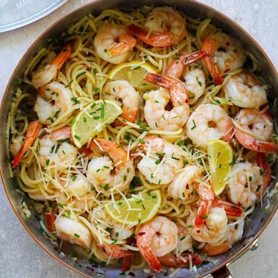 Garlic Chive Butter Shrimp Pasta