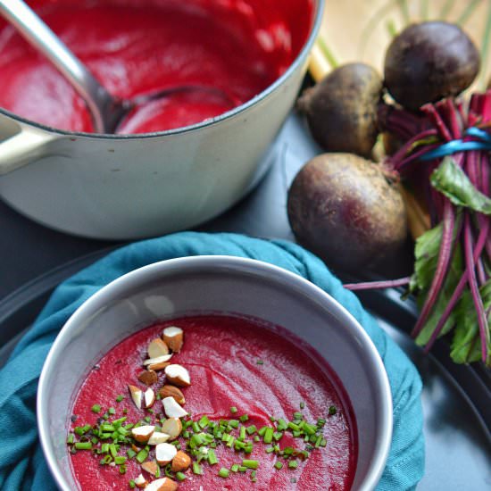 Cream of beetroot soup with almonds