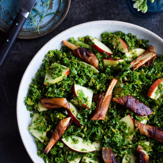 Bacon wrapped salsify with kale