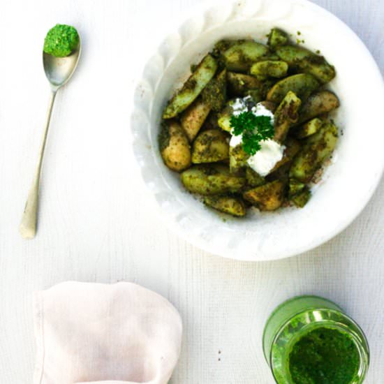 Pesto Covered Baked Potato Wedges