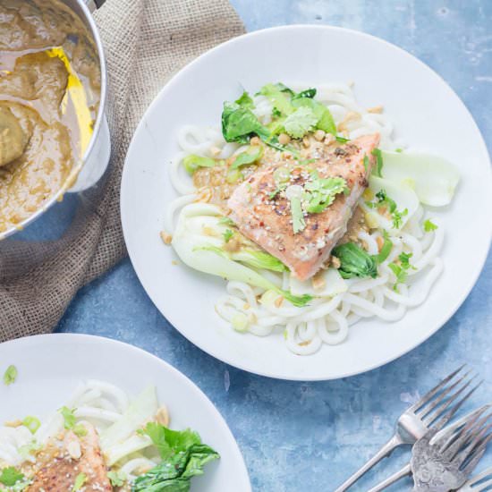Peanut Salmon Noodles with Pak Choi