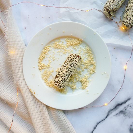 Carob, Lemon and Ginger Sesame Logs