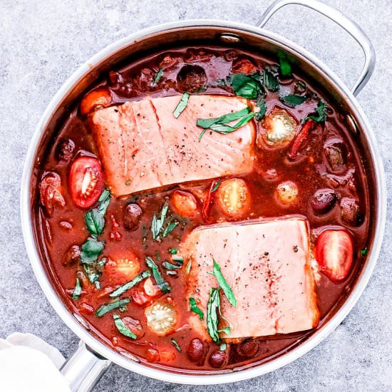 poached salmon in tomato wine sauce
