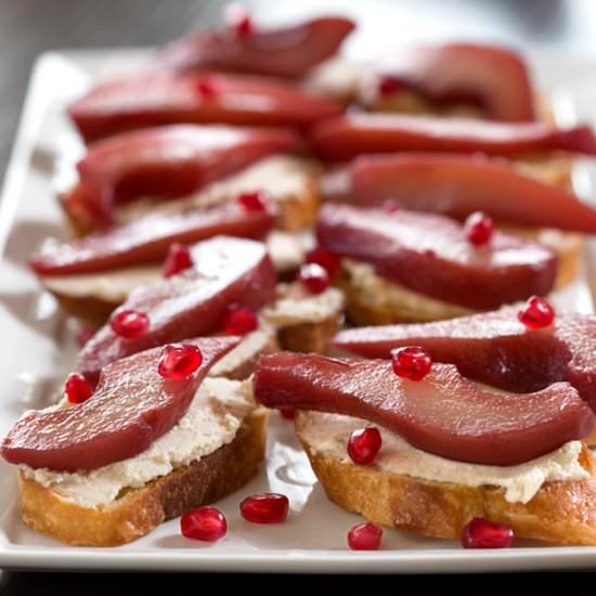 Pomegranate-Poached Pear Crostini