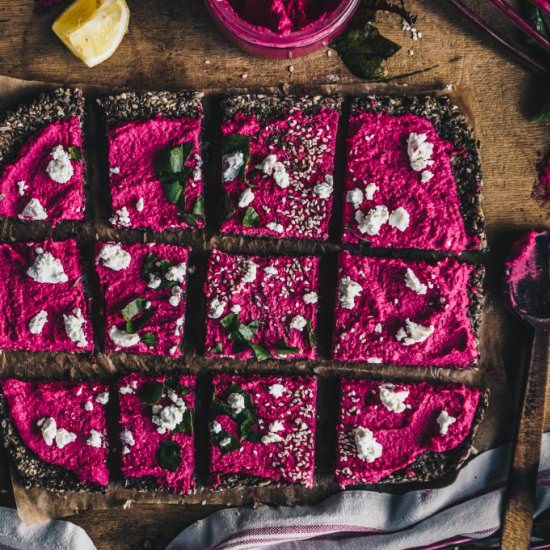 BEET HUMMUS WITH SEED FLAT BREAD