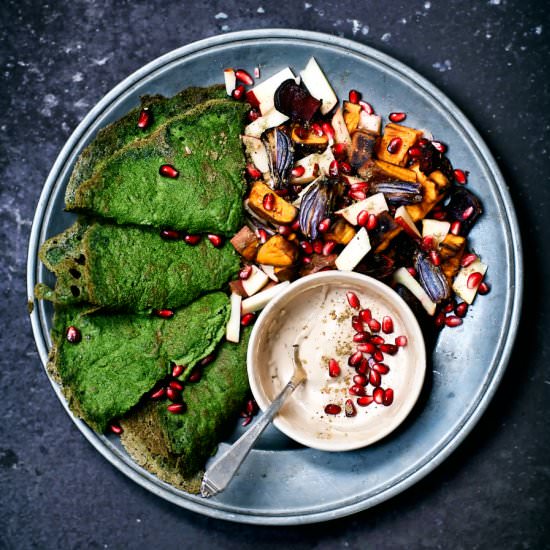 Spinach Crepes with Roasted Veg