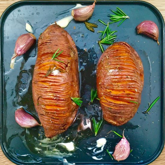 Roasted Hasselback Sweet Potatoes