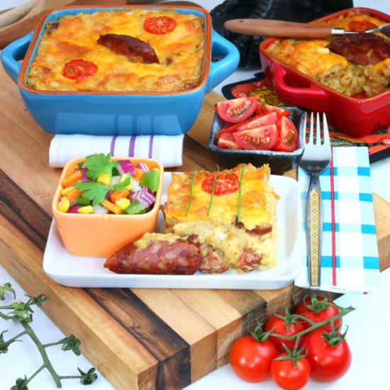 Smoky Samp, Chorizo & Cheddar Bake