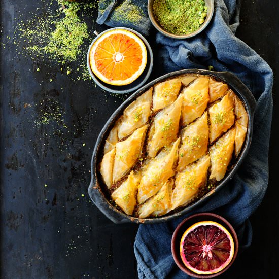 Orange drenched chocolate baklava