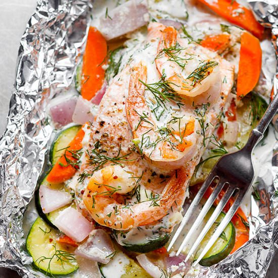 Creamy Shrimp and Salmon Foil Packs