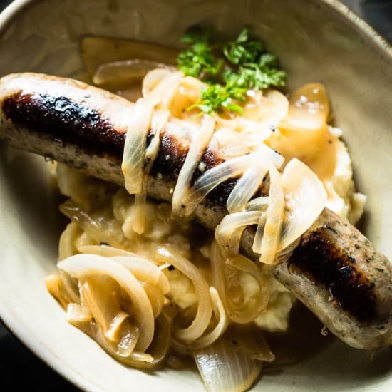 Bangers and Mash with Onion Gravy