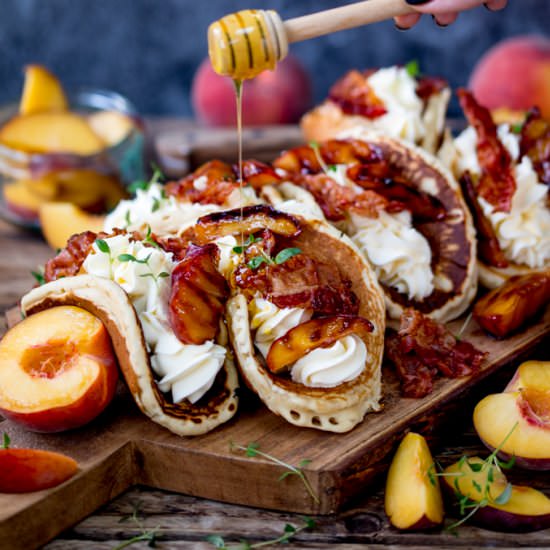 Pancake tacos + peaches & pancetta