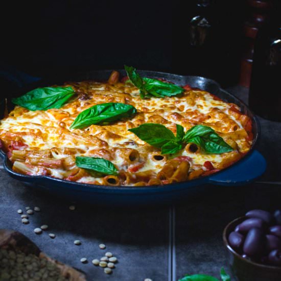 Lentil Goat Cheese Rigatoni bake