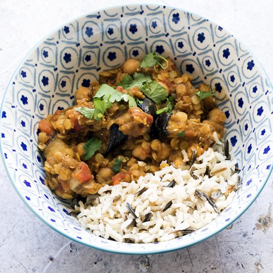 Dhal with aubergine and chickpeas