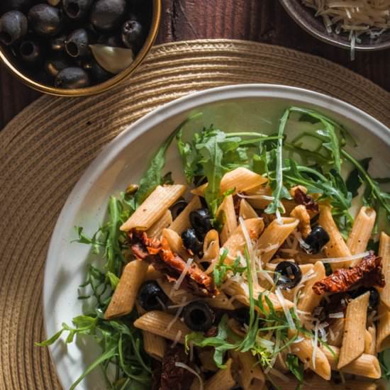 Pasta w/ Olives, Tomatoes + garlic