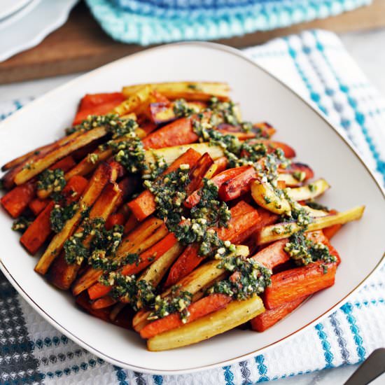 Roasted Root Vegetables with Pesto