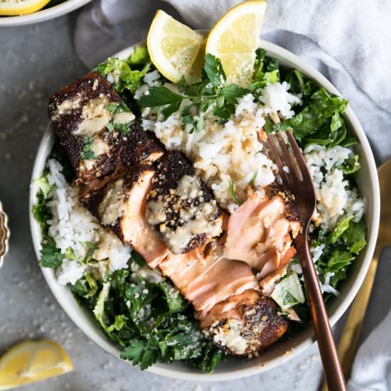 Salmon Caesar Salad Rice Bowls