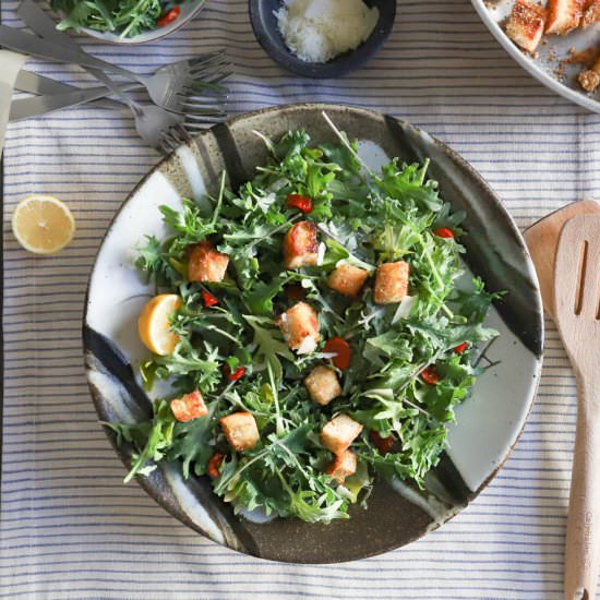 Simple Kale Salad + Caesar Croutons