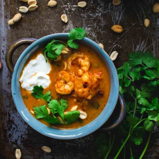 Peanut soup with harissa shrimp