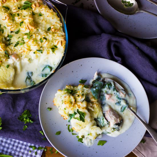 Fish pie and cheese sauce