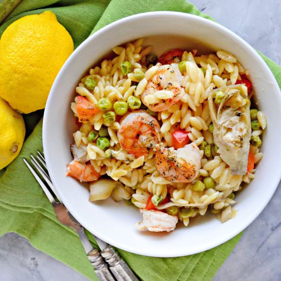 One Pan Lemon Artichoke & Shrimp Orzo