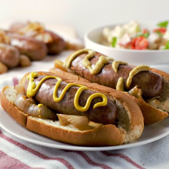 Beer Brats and Caramelized Onions