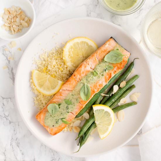Pan fried Salmon with Basil Sauce