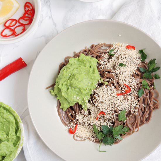 Soba noodles with avocado sauce