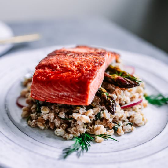 Spring Farro Salad + Roasted Salmon