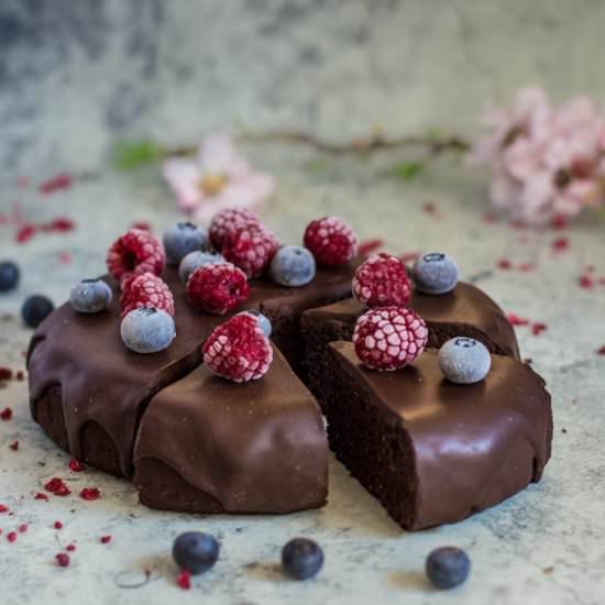 Chocolate, teff and raspberry cake