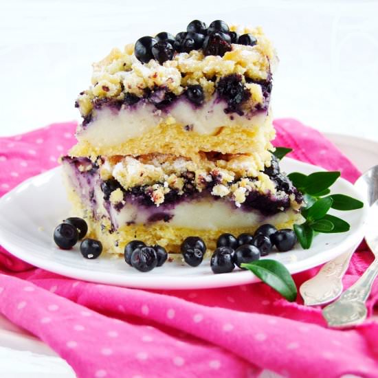 cake with pudding and blueberries