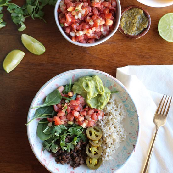 Vegan burrito bowl with lentils