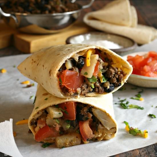 Tex Mex Potato and Beef Burritos