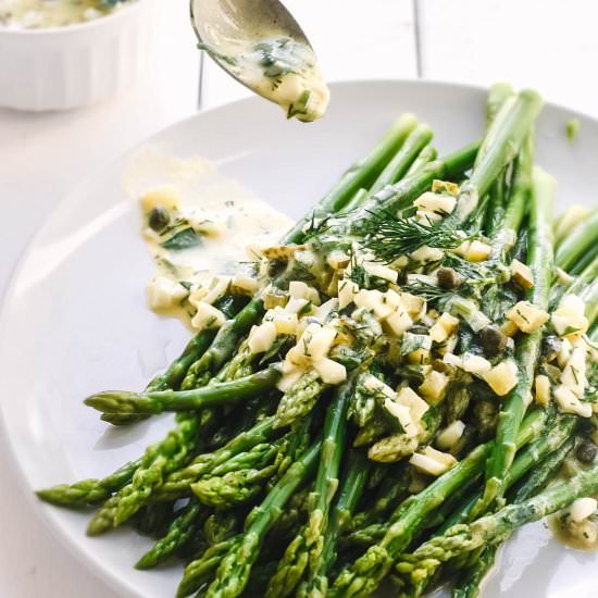Sauce Gribiche on crisp asparagus
