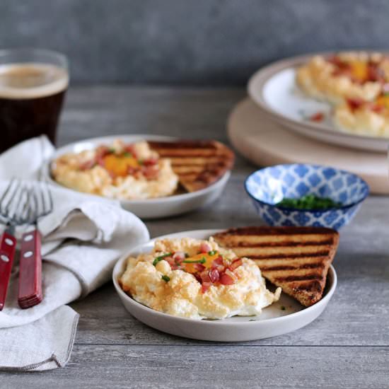 Cloud eggs with bacon and gruyere