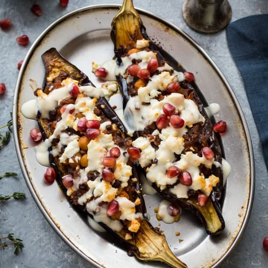 Chickpea & Lentil Stuffed Aubergine