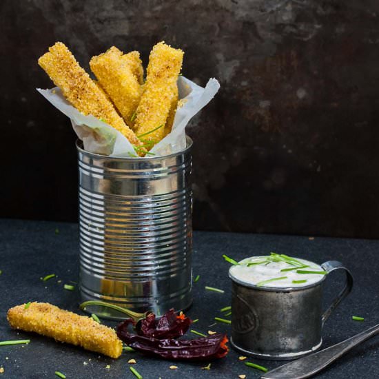 Hot polenta fritters with tzatsiki
