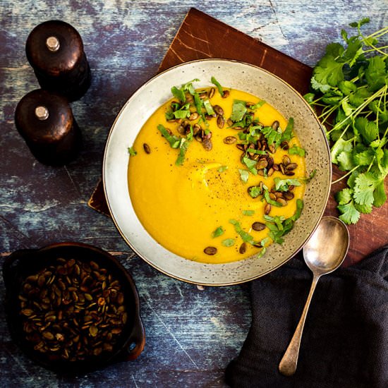 Sweet potato soup with tamari seeds