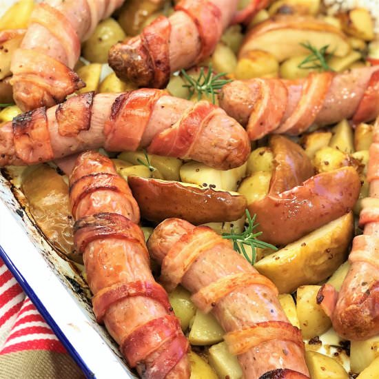 Bacon Wrapped Sausages with Apples