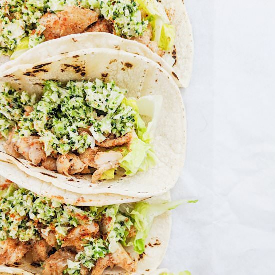 Spicy Fish Tacos with Broccoli Slaw