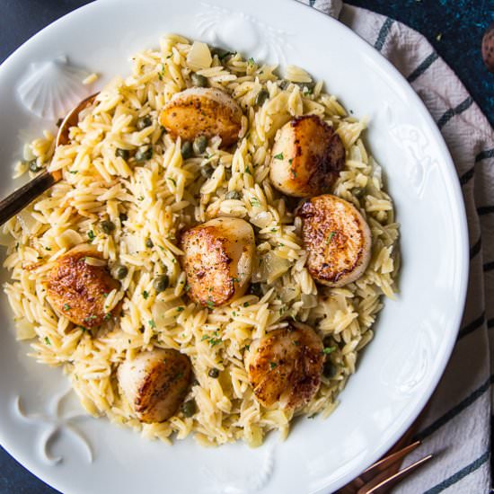 Scallops with Orzo Piccata